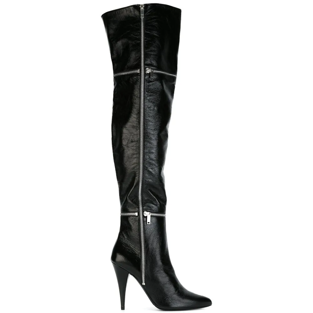 Shofoo/женские зимние черные сапоги выше колена на шпильке с острым носком молнии