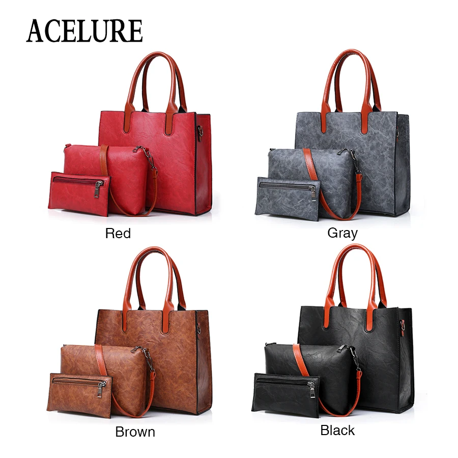 ACELURE, роскошный костюм из 3 предметов, женская сумка на плечо, Большая вместительная женская сумка, Ретро стиль, женская кожаная большая сумка-тоут с сумочкой через плечо