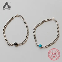 vintage beads chain bracelets real 925 sterling silver turquoise and black agate chain bracelet for women jewelry