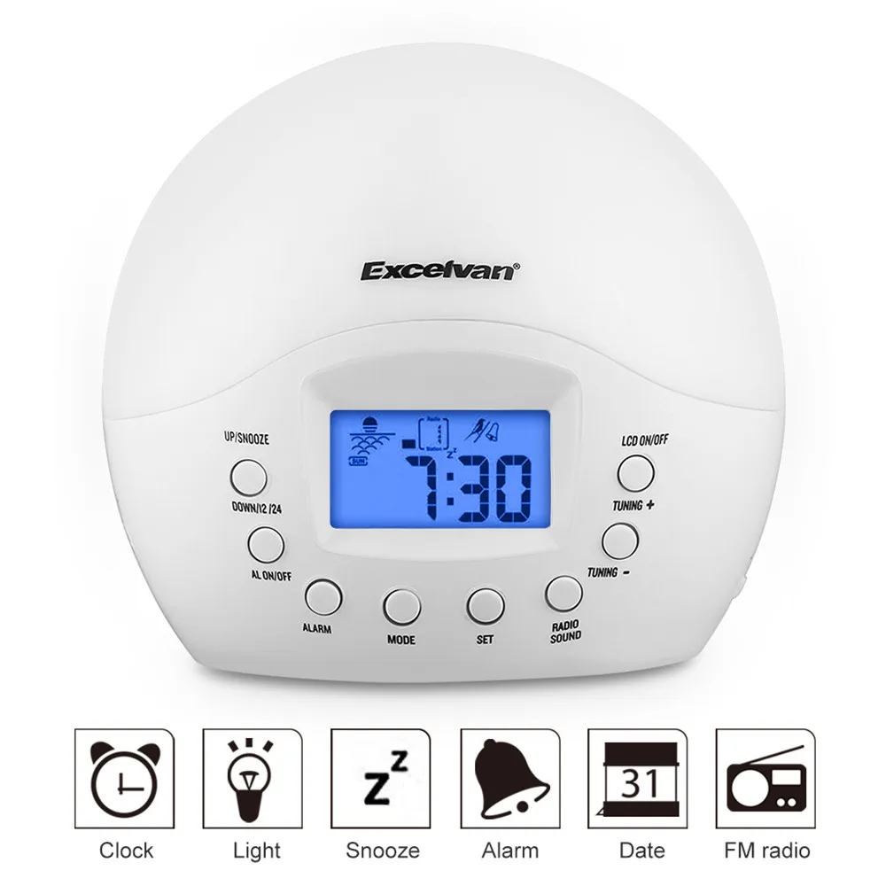 Excelvan Wake Up Light с восхода моделирования Будильник FM Радио светодиодные часы