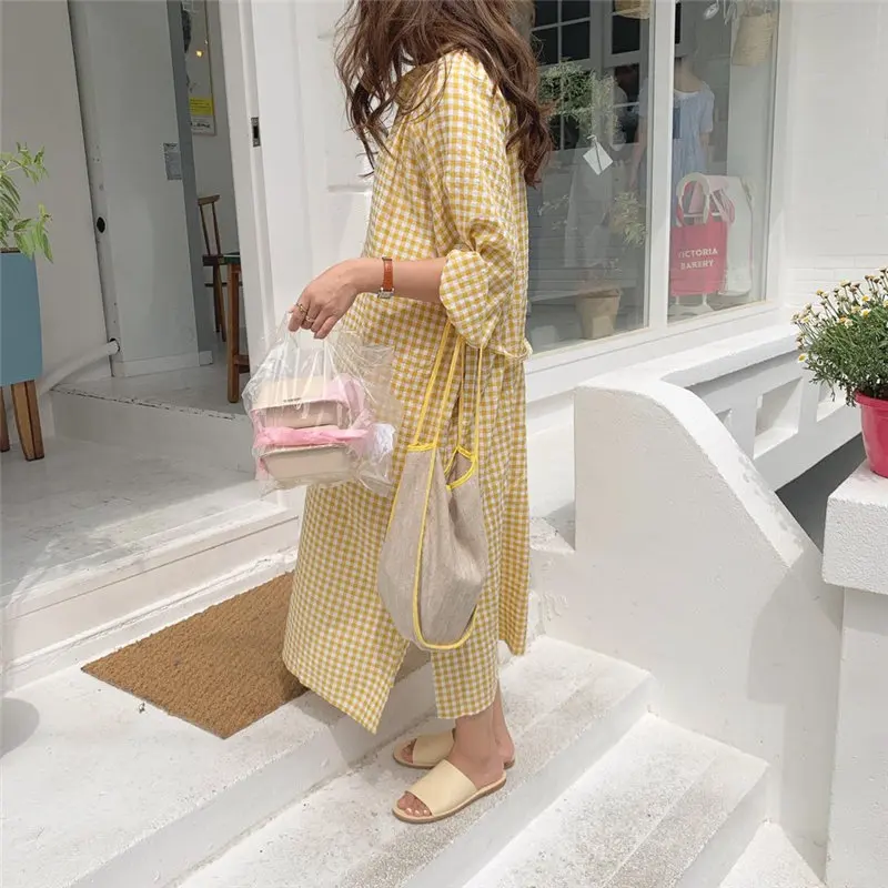 Alien Kitty Chic Summer Plaid Lazy Style Casual Sweet Sunscreen High Quality Lace Up Loose Short Sleeve All-Match Yellow Dress | Женская