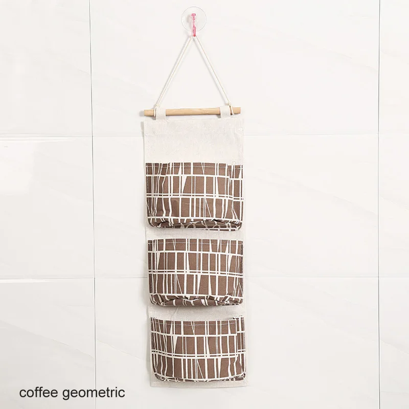 coffee geometric Настенные косметические игрушки Органайзер настенный Фламинго узор висячая сумка для хранения 3 кармана шкаф Висячие Сумки Хлопок Лен - Цвет: coffee geometric