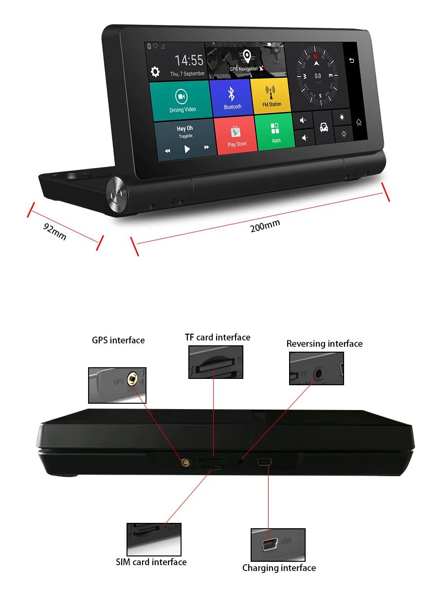 Topsource 4G Автомобильный gps навигатор Android 5,0 Bluetooth ПЗУ 16 Гб ОЗУ 1 Гб Full HD 1080 P Enregistreur видео avec deux камеры