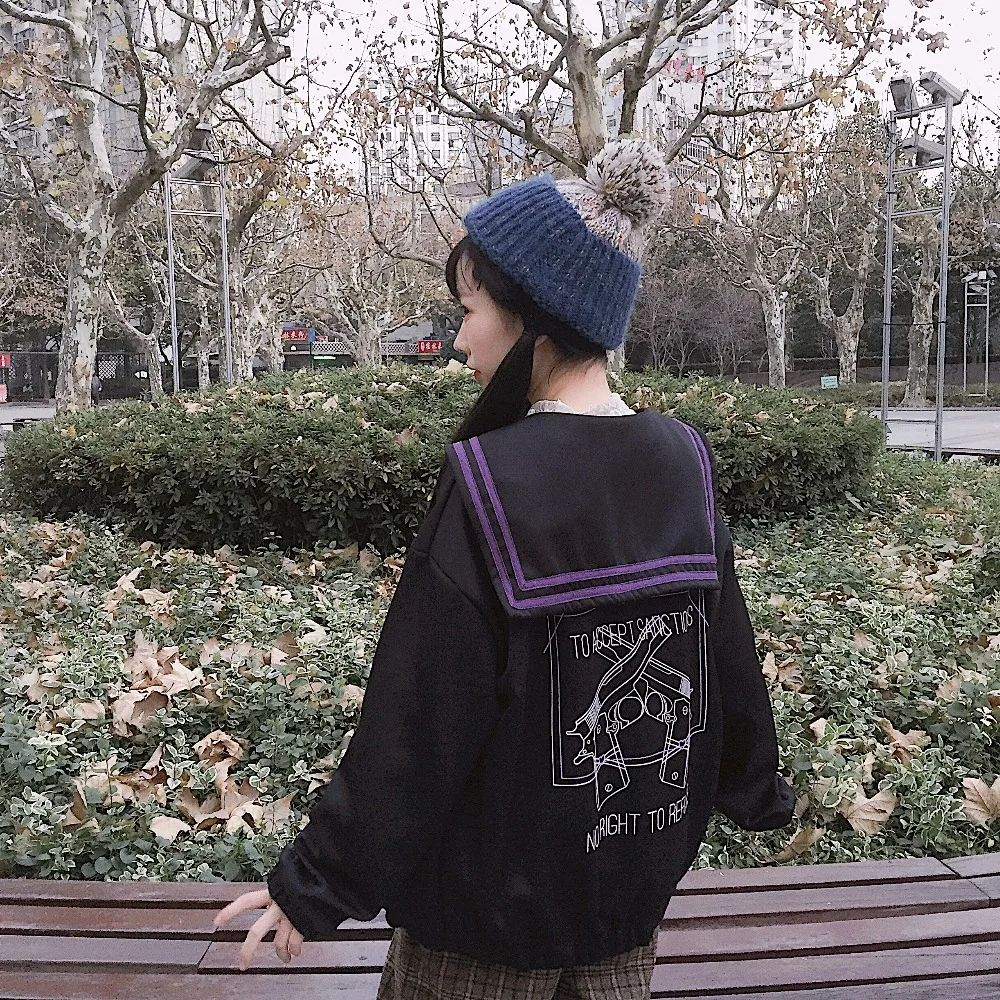 Harajuku Gunner/темно синяя свободная Черная куртка с воротником для девочек мягкая