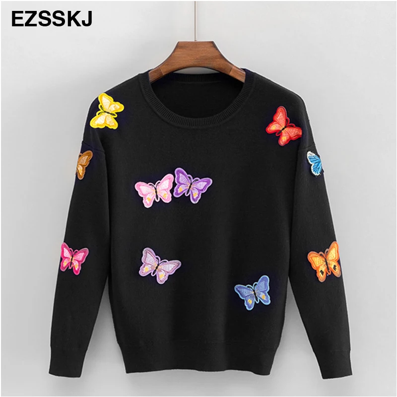 Женский вязаный свитер с аппликацией в виде бабочки повседневный осенний