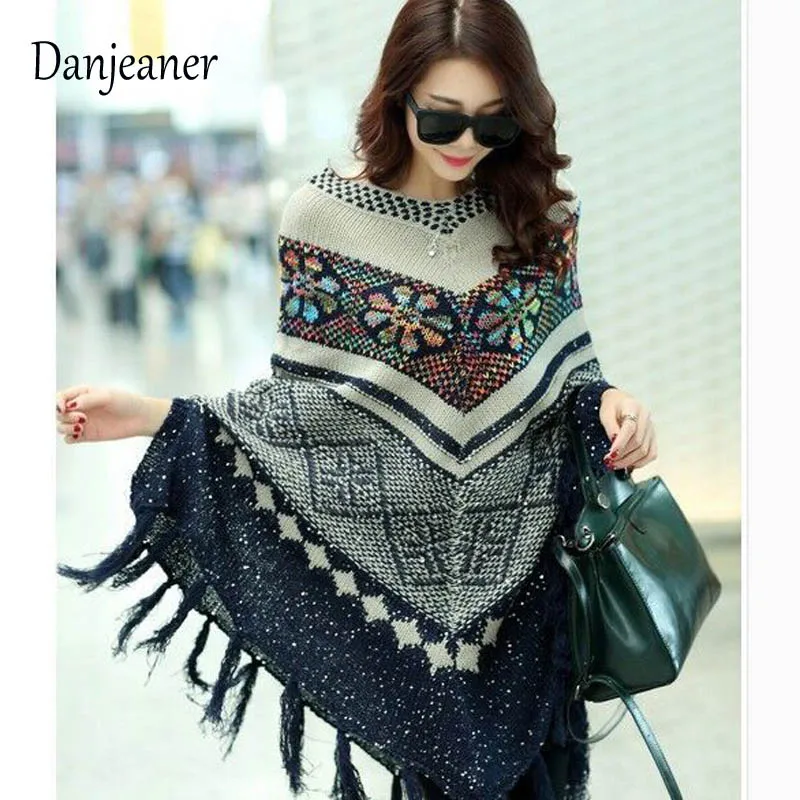 

Danjeaner Women Tassel Long Pullovers Autumn Winter Ponchos And Capes Batwing Sleeve Knitted Sweaters 2018 Pull Femme Hiver