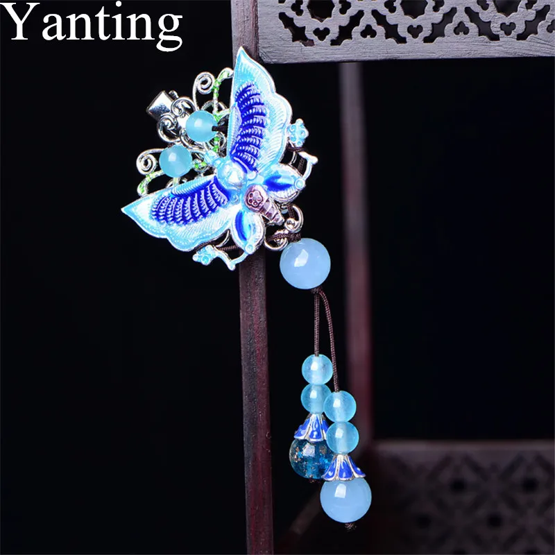 Yanting, Винтажные заколки для волос, заколки с бабочкой, перегородчатая, модные украшения для волос для женщин, голубой камень, кисточка, украшение на голову, подарок 0131