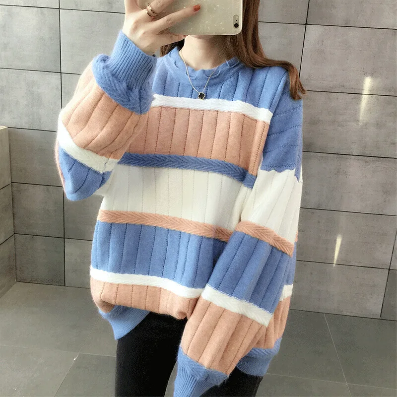 Casual loose mixed colors striped o-neck pullover sweater autumn winter 2018 mori girl | Женская одежда