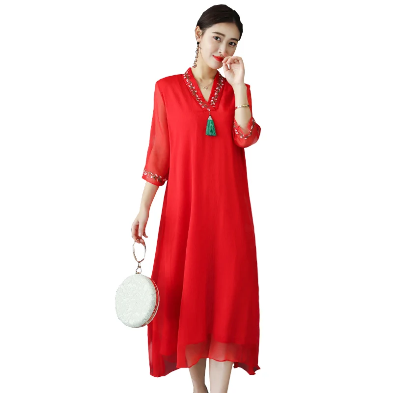 Женское длинное шелковое платье AYUNSUE свободное повседневное красное с V образным