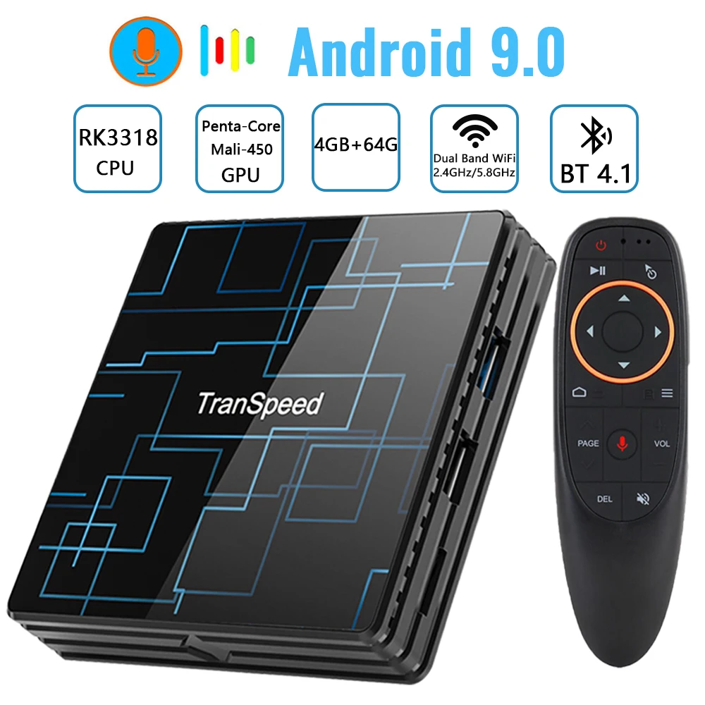 Transpeed Android 9,0 tv BOX 4G 64G Google голосовой помощник RK3318 4K 3D Ultra tv Wifi Bluetooth Play Store верхняя коробка