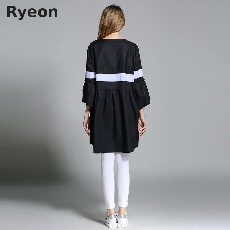 Ryeon Весна Женщин Плюс Размер Платья Повседневная Line Three Четверти Flare Рукавом