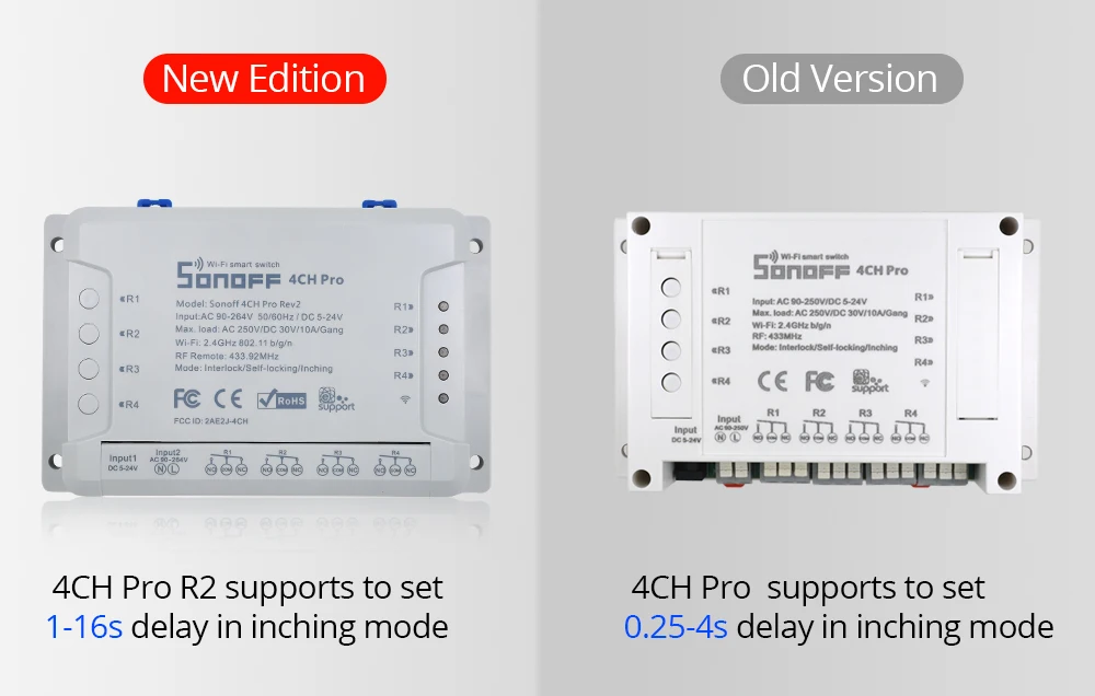 SONOFF 4CH Pro R2 беспроводной многоканальный wifi переключатель для Модуль Автоматизации умного дома управление Лер 433 МГц пульт дистанционного управления 2 шт