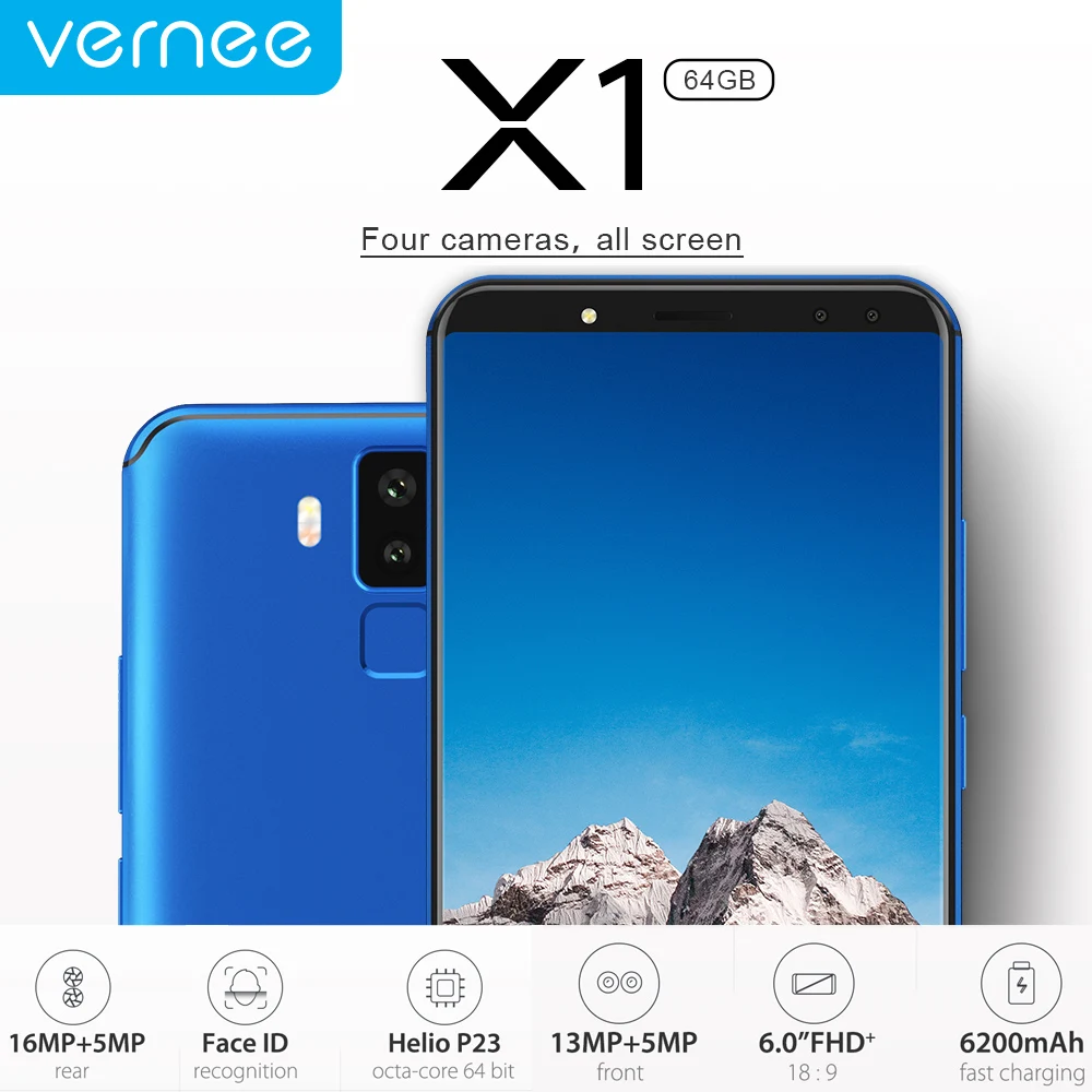 Vernee X1 4G мобильный телефон 6200 mAh 6 ''Face ID 6+ 64 GB Helio P23 16+ 5 Мп 13MP+ 5MP 4-Cam с отпечатком пальцев Type-C EU Plug смартфон