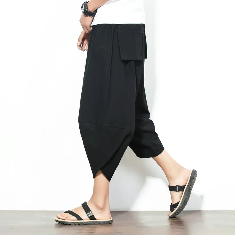 

M-5XL!! Summer new large size Chinese style linen eight points wide leg pants men's loose pants cotton and linen pants.