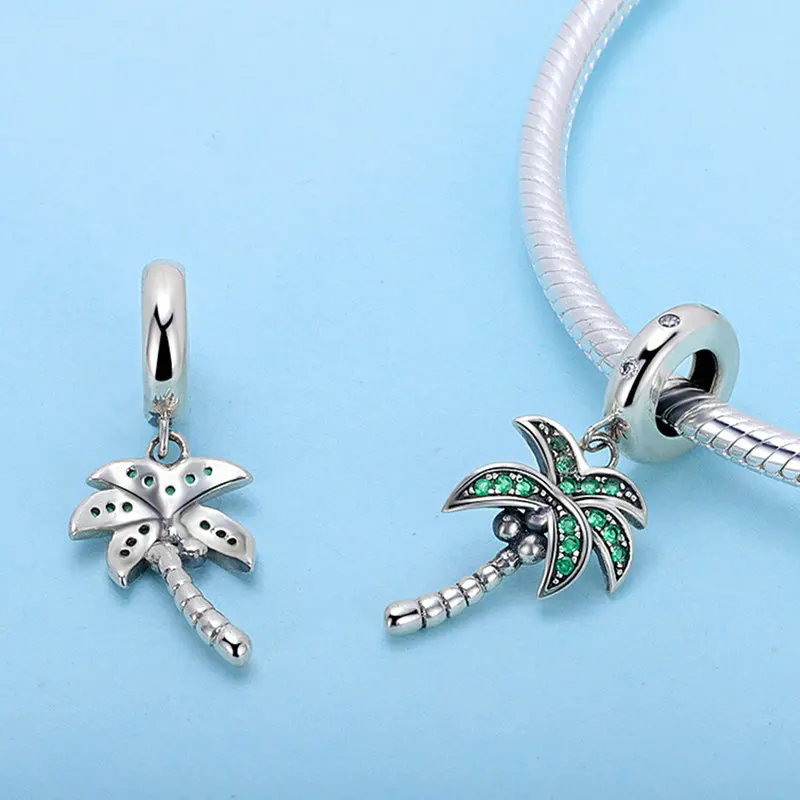 QELROE High Quality 925 Sterling Silver Coconut Tree Charm Green CZ Pendant Fit Original Pandora Bracelet DIY Charms Jewelry | Украшения и