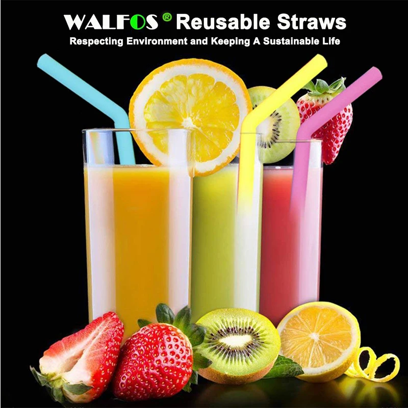 

WALFOS Set of 8 Reusable Drinking Straw Flexible Food Grade Silicone Reusable Straw with Cleaner Brush For Mugs 20/30oz