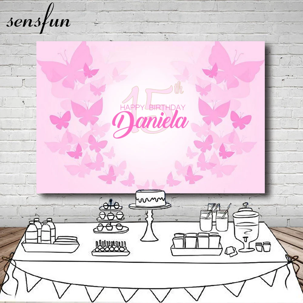 

Sensfun Pink Girls Sweet 15 Birthday Party Backdrop Butterfly Customized Photography Backgrounds For Photo Studio 7x5FT Vinyl