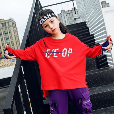 red tops Детская одежда в стиле хип-хоп; толстовка; топ для бега; повседневные штаны для девочек и мальчиков; танцевальные костюмы; одежда для бальных танцев - Цвет: red tops