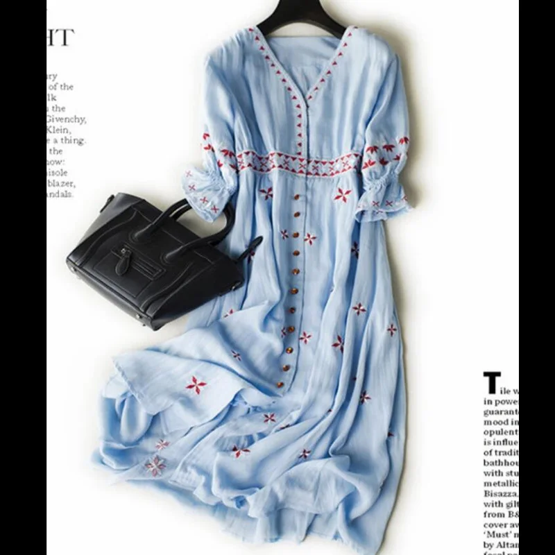 Женское хлопковое летнее платье Элегантное Длинное пляжное небесно-голубого