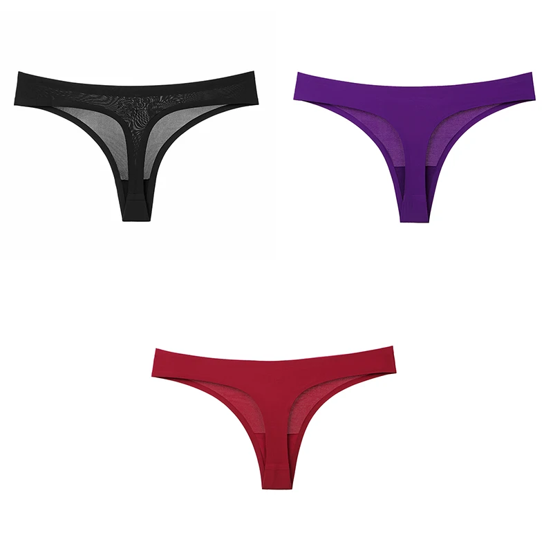 black purple red Сексуальные стринги Женское нижнее белье бесшовные 3 шт стринги женские T-back мягкие новые продажи твердые стринги Нижнее белье для женщин BANNIROU - Цвет: black purple red