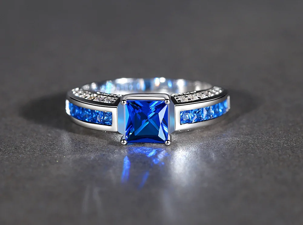 Silver Plated Ring for Wemon Simple and Solid Pink &amp Blue Color Stones Square Crystals Surround Full Sizes | Украшения и