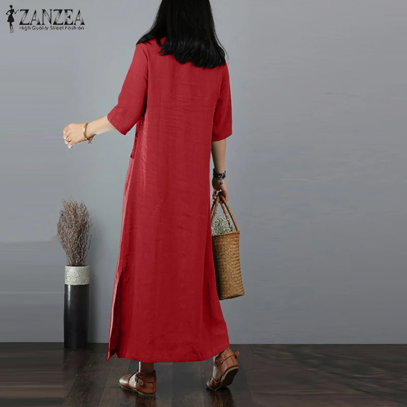 Женское винтажное длинное платье ZANZEA однотонное Хлопковое платье-кафтан с