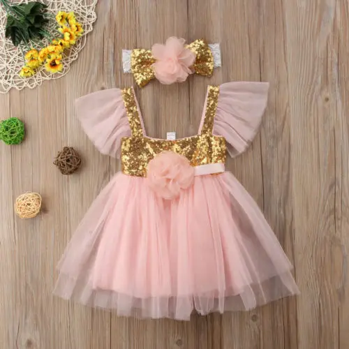 2018 New Summer Princess Formal Pink Tulles Sequin Dress Kids Baby Girl Lace Floral Party Sleeveless Sundress+Headband Set | Детская