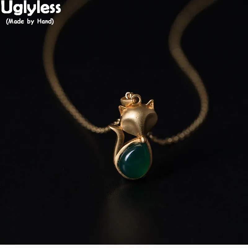 

Uglyless 100% Real 925 Sterling Silver Handmade Vivid Fox Necklaces for Women Chalcedony Water Drop Pendants LOVE Choker Jewelry