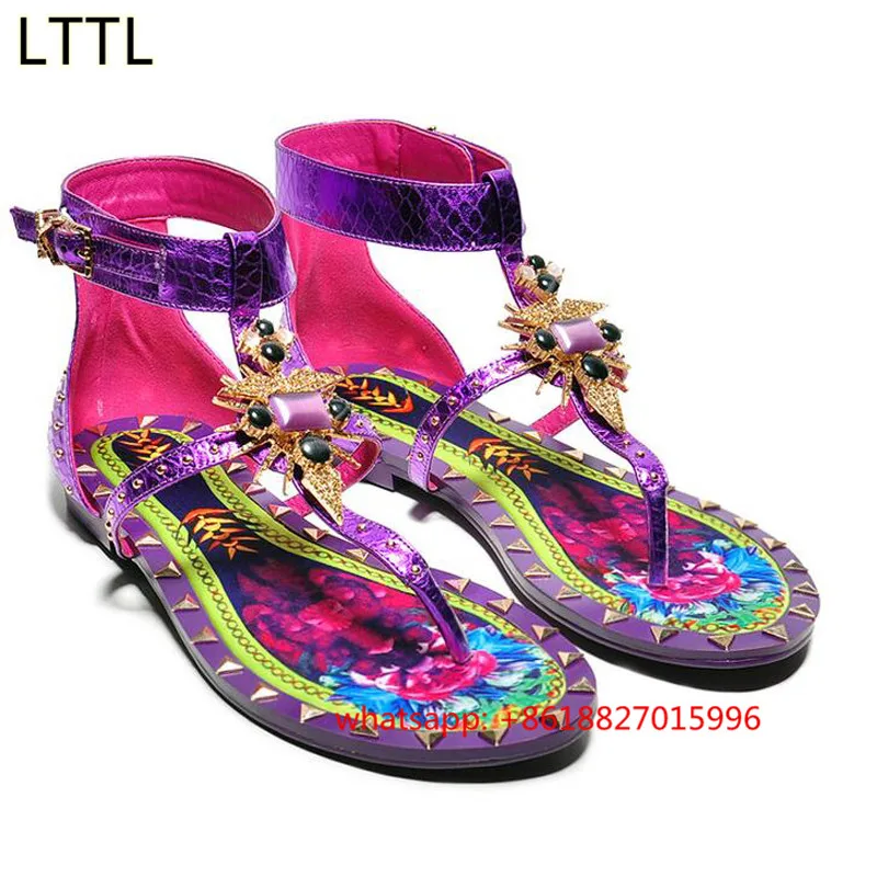 Lttl 2017 новый кожаный печати женщин флип-флоп сандалии роскошный горный хрусталь
