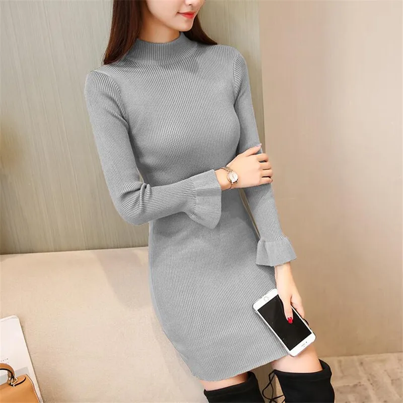 Зима Осень 2018 для женщин теплые платья свитеры хлопок с расклешенными рукавами