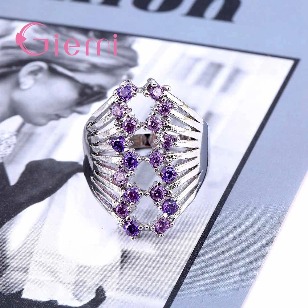 

New Trendy Women Lover Elegant Wedding Bijoux Hot Promotion 925 Sterling Silver Crystal Flower Ring Mosaic Purple Zircon