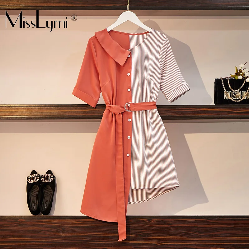 

4XL размера плюс женская рубашка в полоску летнее платье 2021 с О-образным вырезом с коротким рукавом Лоскутные Свободные повседневные ассимет...