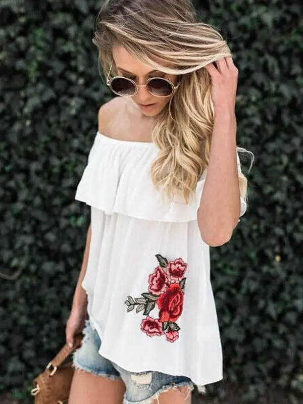 Футболка с вышивкой 2017 новое поступление Летняя женская футболка открытыми