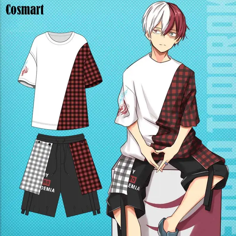 Аниме Boku no MY HERO Academy Todoroki Shoto Косплей Футболка Хлопок Клетчатая Рубашка Брюки