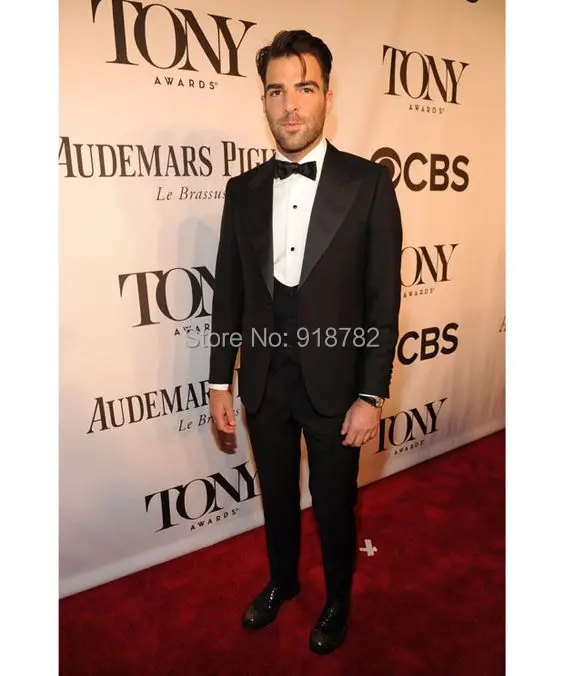 

Costume Homme 2017 Brand Design Italian Peaked Lapel Black Men's Wedding Prom Party Suits Groom Tuxedos (Jacket+Pants+Vest+Bow)