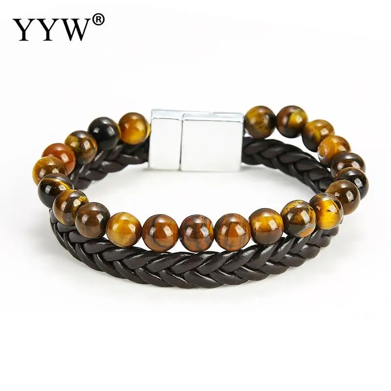 Мужской браслет из натуральной кожи черный с бусинами и натуральным камнем