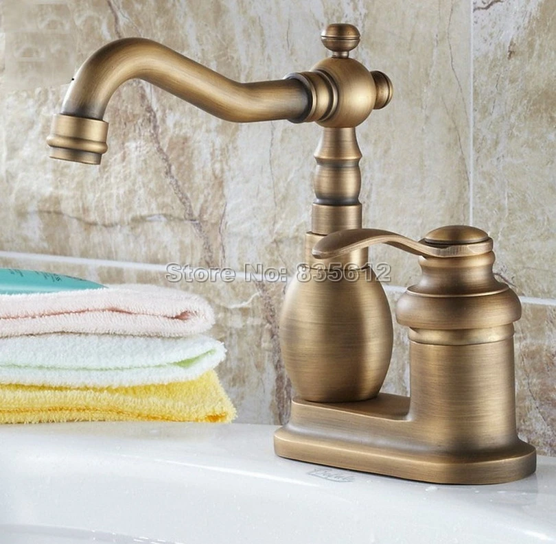 

Retro Antique Brass Single Handle Bathroom Wash Basin Mixer Taps / 2 Hole Deck Mounted Swivel Spout Vessel Sink Faucets Wnf261