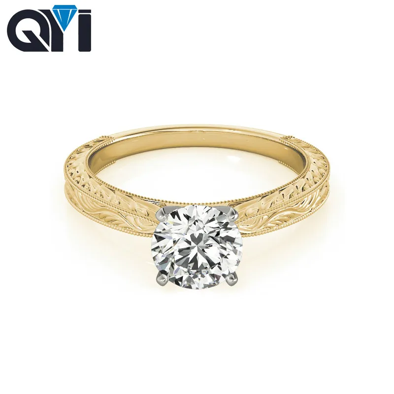 QYI Solitaire Engagement Ring 14k Yellow Gold 1 Ct Round Moissanite Trendy Jewelry Wedding Rings For Women