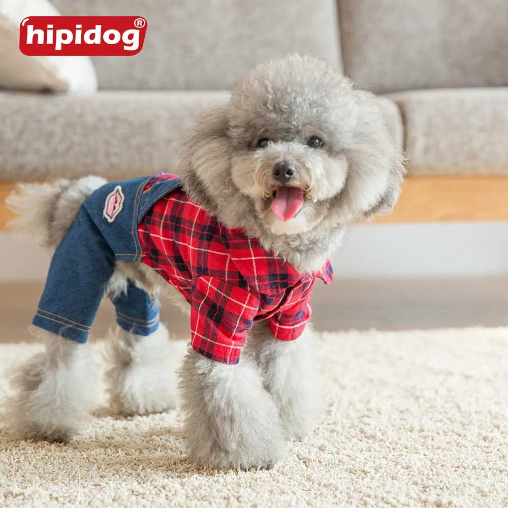 Костюм для собаки красный черный клетчатая рубашка джинсовые джинсы штаны с