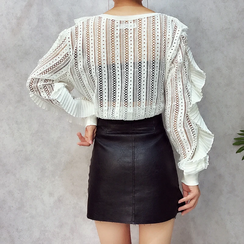 ALPHALMODA Осенние новые кружевные блузки с оборками в полоску сексуальные женские