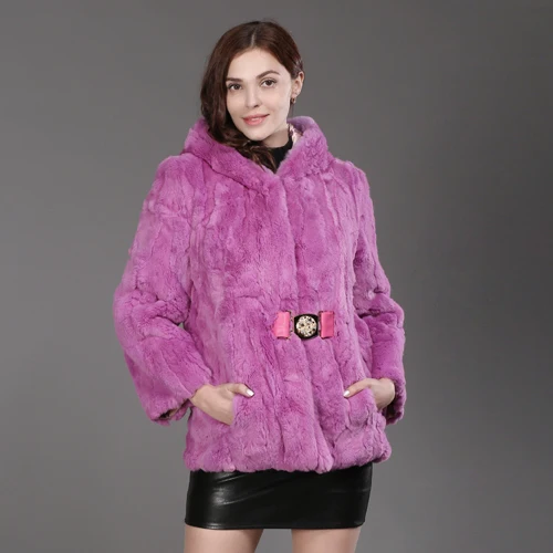 purple Зимний женский Настоящий мех кролика пальто теплая мягкая куртка из меха кролика рекс натуральный мех кролика рекс с капюшоном пальто - Цвет: purple