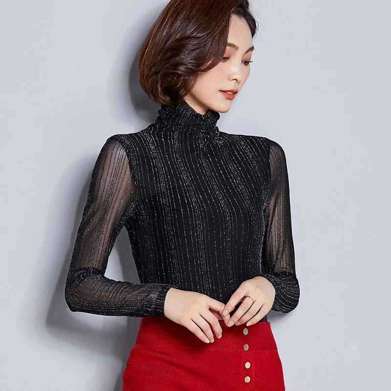 Водолазка, модная блузка, женская рубашка, сексуальные блузки mujer de moda, в полоску, с длинным рукавом, Женские топы и блузки, сорочка для женщин - Цвет: Черный