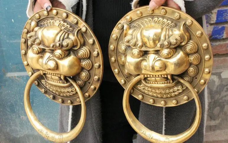 21cm China Brass Dragon Fu Foo Dog Guardion Lion Head Mask Door Knocker Statue Pair | Statues &amp Sculptures