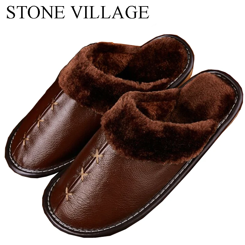 2018 Warm Genuine Leather Slippers Lovers Home Floor Indoor Shoes Non-Slip Platform Winter Men Slippers Flat Women Slippers