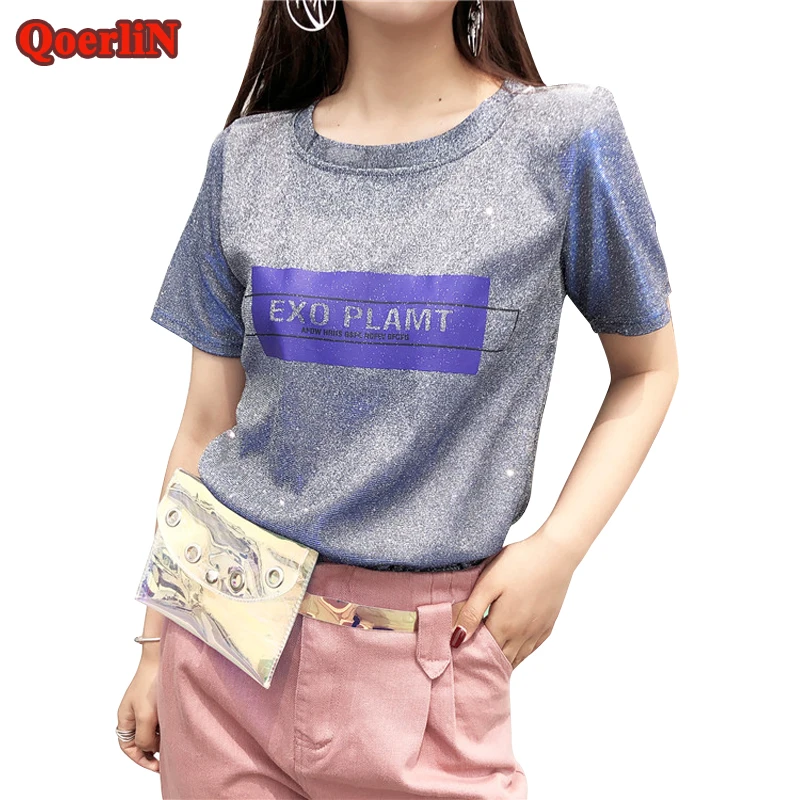 QoerliN High Street блестящие футболки Для женщин 2018 Горячее предложение Лето