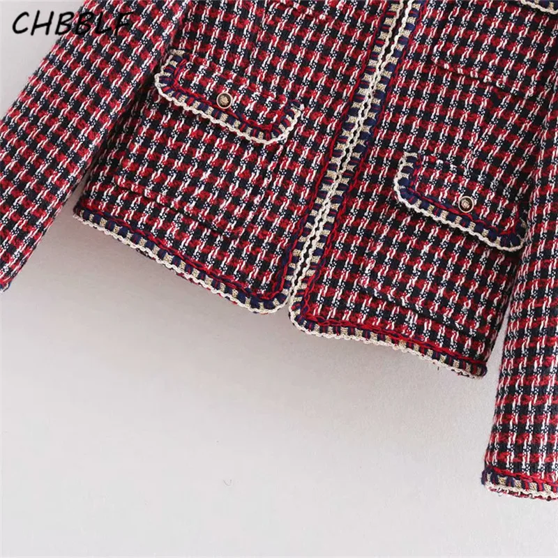 CHBBLF vintage tweed клетчатая куртка пальто карманы украшения Длинные рукава Ретро