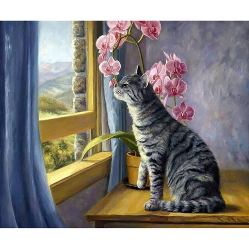 Настенный декор ручной работы полная дрель Подарок Кот выглядел из окна и цветок