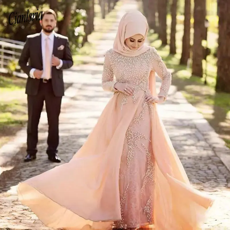 

High Neck Blush Pink Muslim Evening Formal Dresses With Long Sleeve 2020 Modest Beadwork Lace Pearls Chiffon Skirt Dubai Arabi