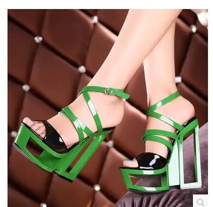 

Fretwork Heels Fashion Shoes Green Sandals Woman Platform Heels Cool 16cm Square Heel Cut Outs Ankle Buckles Peep Toe High Heels