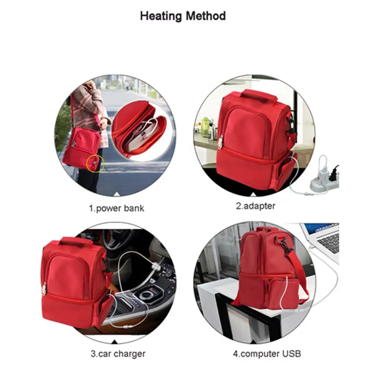 

12L USB Portable Heating Insulated Lunch Bag Thermal Travel Cooler Bag School Camping Lunch Box Food Beverage Carrier Bag Red